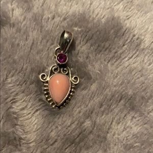 Sterling silver peach opal & garnet pendant